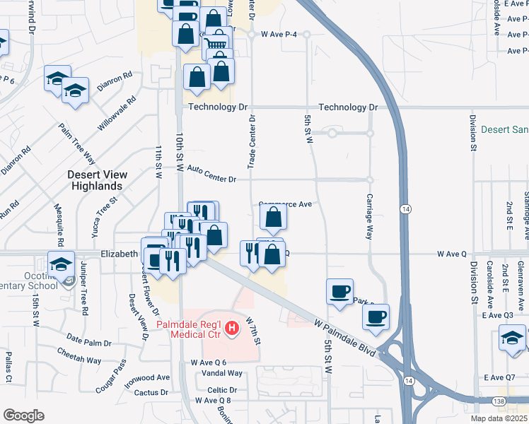 map of restaurants, bars, coffee shops, grocery stores, and more near 650 Commerce Avenue in Palmdale