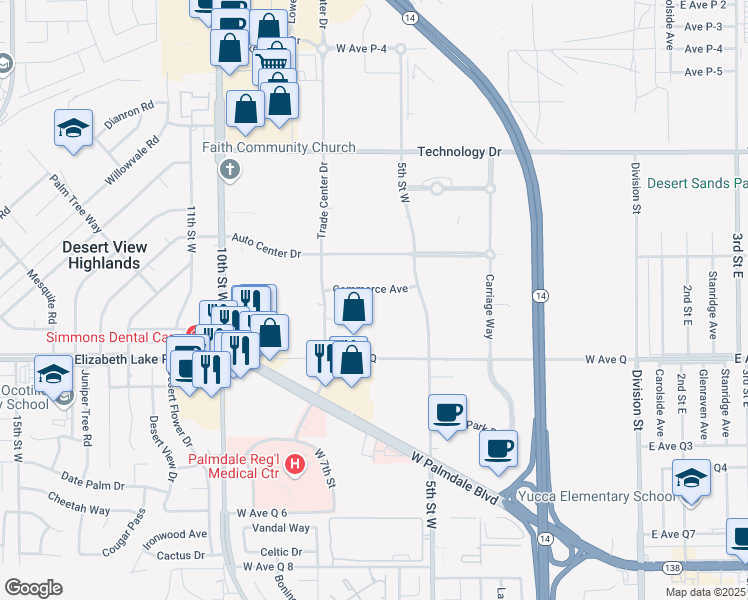 map of restaurants, bars, coffee shops, grocery stores, and more near 650 Commerce Avenue in Palmdale