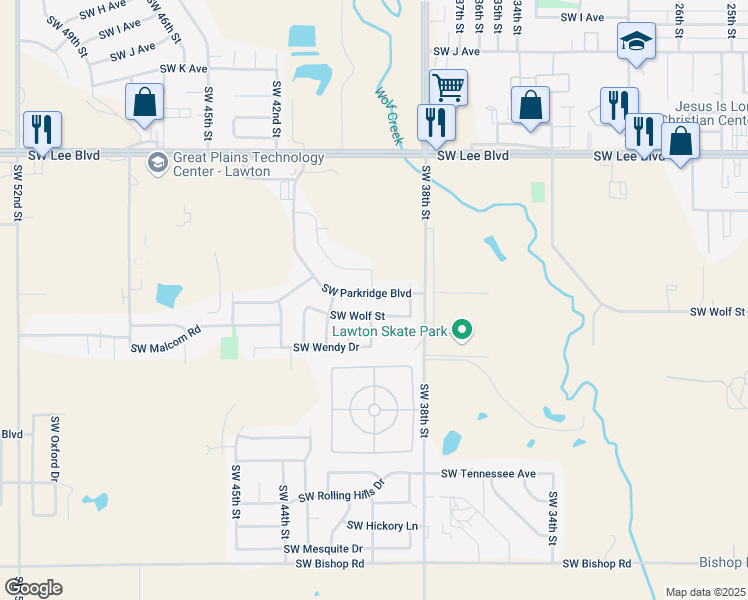 map of restaurants, bars, coffee shops, grocery stores, and more near 3916 Southwest Wolf Street in Lawton