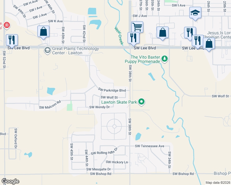 map of restaurants, bars, coffee shops, grocery stores, and more near 3916 Southwest Wolf Street in Lawton
