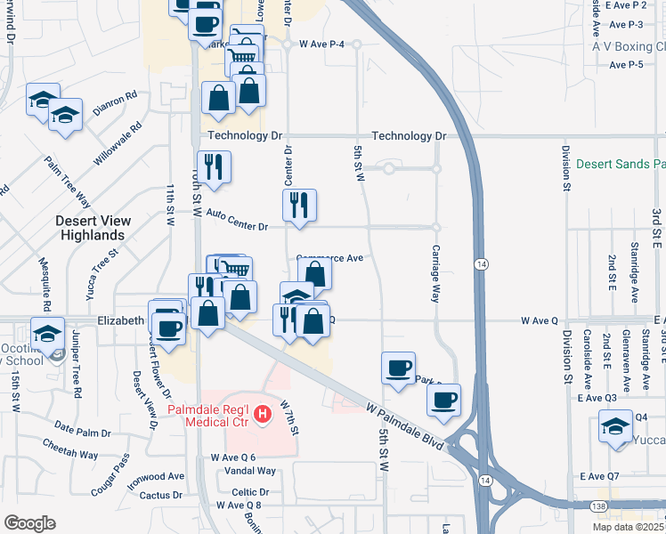 map of restaurants, bars, coffee shops, grocery stores, and more near 575 Commerce Avenue in Palmdale