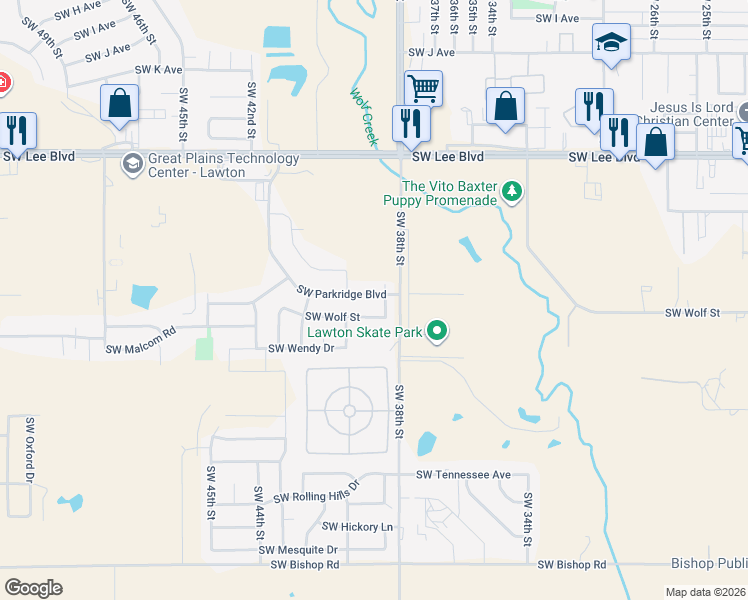 map of restaurants, bars, coffee shops, grocery stores, and more near 3901 Southwest Parkridge Boulevard in Lawton