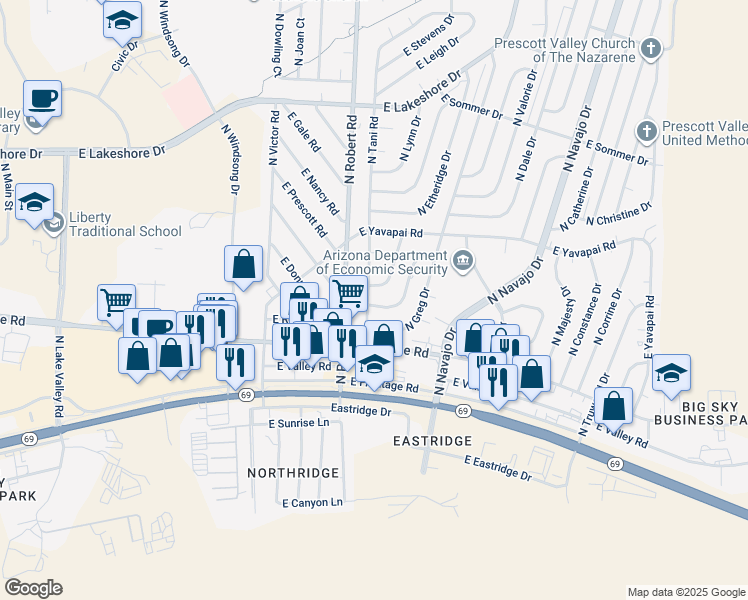 map of restaurants, bars, coffee shops, grocery stores, and more near 3217 North Hedgewood Drive in Prescott Valley