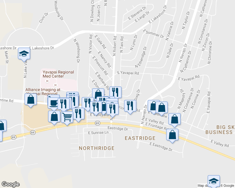 map of restaurants, bars, coffee shops, grocery stores, and more near 3243 North Robert Road in Prescott Valley