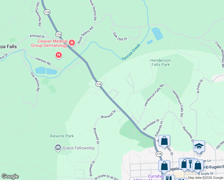 map of restaurants, bars, coffee shops, grocery stores, and more near Greenwood Circle in Toccoa