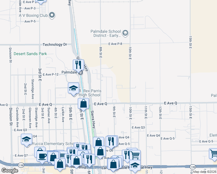map of restaurants, bars, coffee shops, grocery stores, and more near 38906 Rambler Avenue in Palmdale
