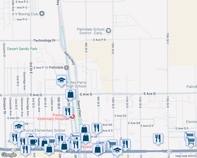 map of restaurants, bars, coffee shops, grocery stores, and more near 38906 9th Street East in Palmdale