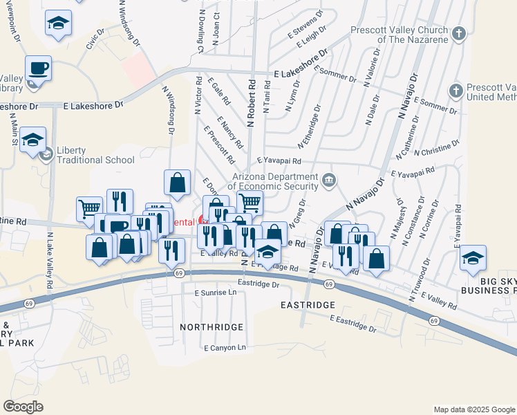 map of restaurants, bars, coffee shops, grocery stores, and more near 3243 North Robert Road in Prescott Valley