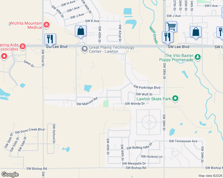 map of restaurants, bars, coffee shops, grocery stores, and more near 4425 Southwest Parkway Drive in Lawton