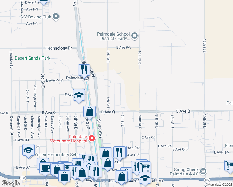 map of restaurants, bars, coffee shops, grocery stores, and more near 38932 8th Street East in Palmdale
