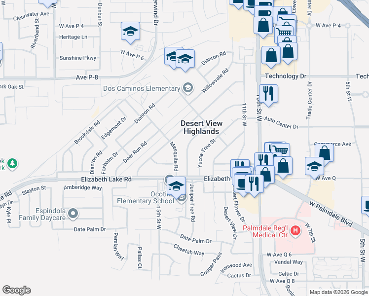 map of restaurants, bars, coffee shops, grocery stores, and more near 38869 Juniper Tree Road in Palmdale
