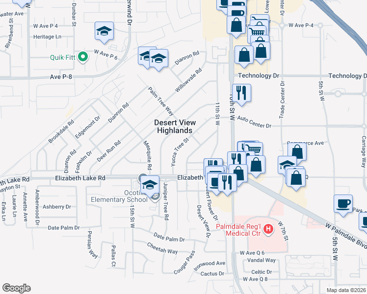 map of restaurants, bars, coffee shops, grocery stores, and more near 38884 Yucca Tree Street in Palmdale