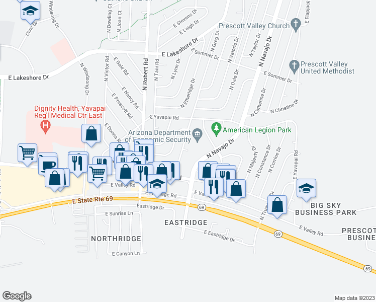 map of restaurants, bars, coffee shops, grocery stores, and more near 8499 East Greg Court in Prescott Valley