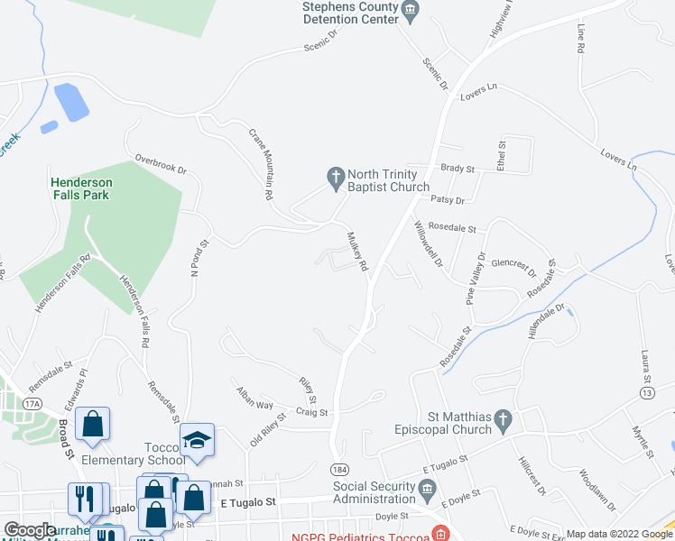 map of restaurants, bars, coffee shops, grocery stores, and more near 1 Prather Park Drive in Toccoa