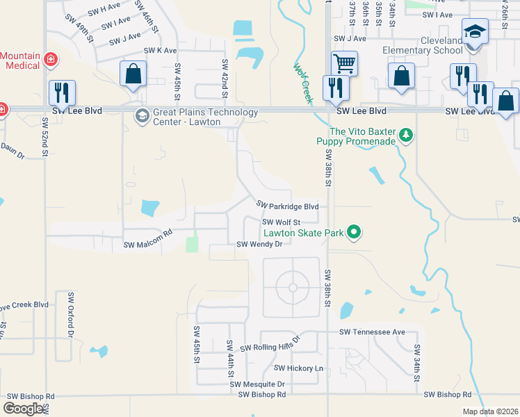 map of restaurants, bars, coffee shops, grocery stores, and more near 4113 Southwest Parkridge Boulevard in Lawton