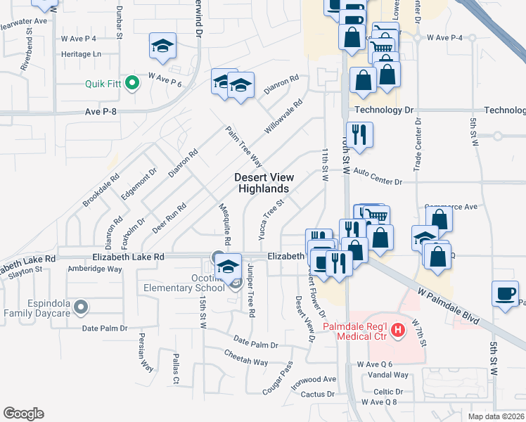 map of restaurants, bars, coffee shops, grocery stores, and more near 38911 Yucca Tree Street in Palmdale