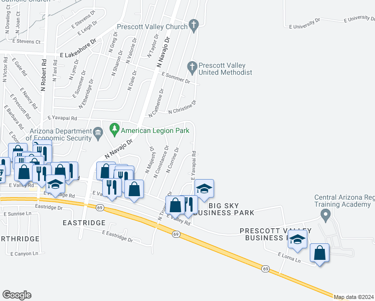 map of restaurants, bars, coffee shops, grocery stores, and more near 3247 North Corrine Drive in Prescott Valley