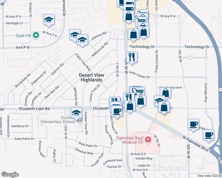 map of restaurants, bars, coffee shops, grocery stores, and more near 38910 Sage Tree Street in Palmdale