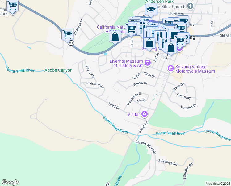 map of restaurants, bars, coffee shops, grocery stores, and more near 134 3rd Street in Solvang
