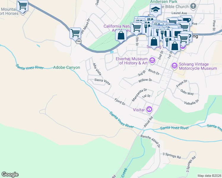 map of restaurants, bars, coffee shops, grocery stores, and more near 126 Sierra Vista in Solvang
