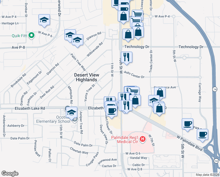map of restaurants, bars, coffee shops, grocery stores, and more near 38905 11th Street West in Palmdale