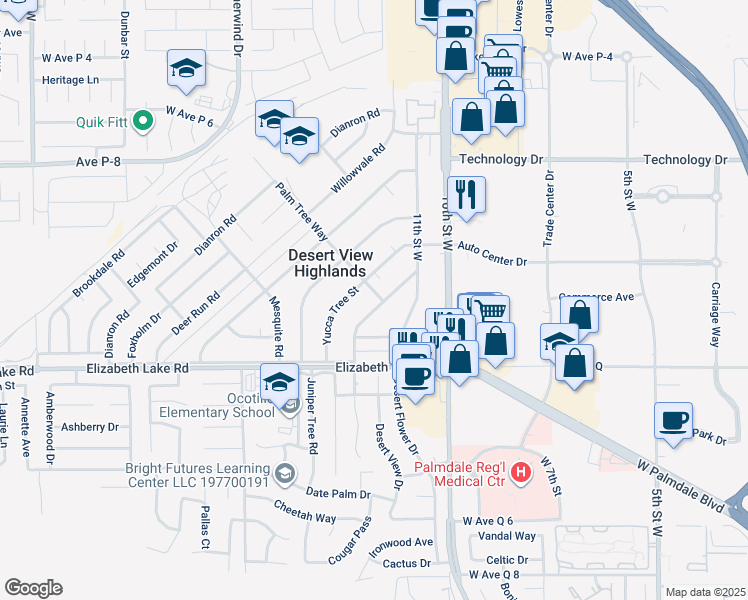 map of restaurants, bars, coffee shops, grocery stores, and more near 38907 Palm Tree Way in Palmdale
