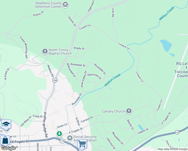 map of restaurants, bars, coffee shops, grocery stores, and more near 69 Glencrest Drive in Toccoa
