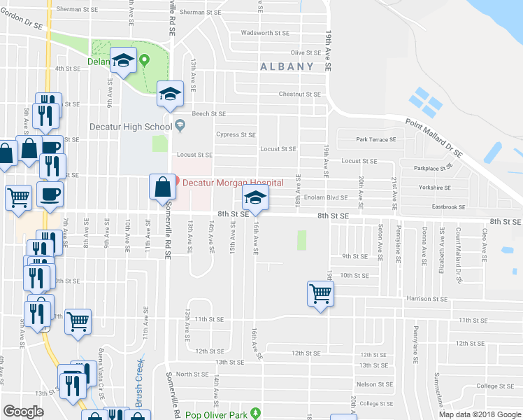 map of restaurants, bars, coffee shops, grocery stores, and more near 1605 Enolam Boulevard Southeast in Decatur