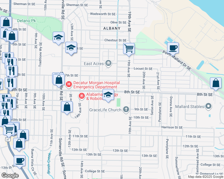 map of restaurants, bars, coffee shops, grocery stores, and more near 1629 Enolam Boulevard Southeast in Decatur