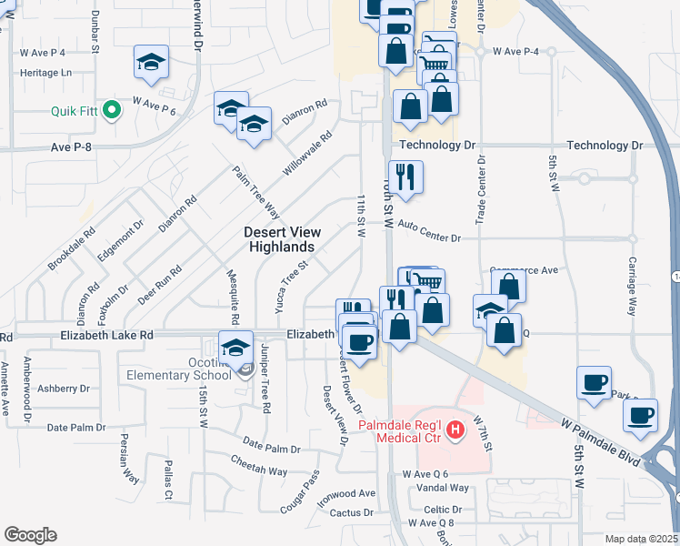 map of restaurants, bars, coffee shops, grocery stores, and more near 38910 Sage Tree Street in Palmdale