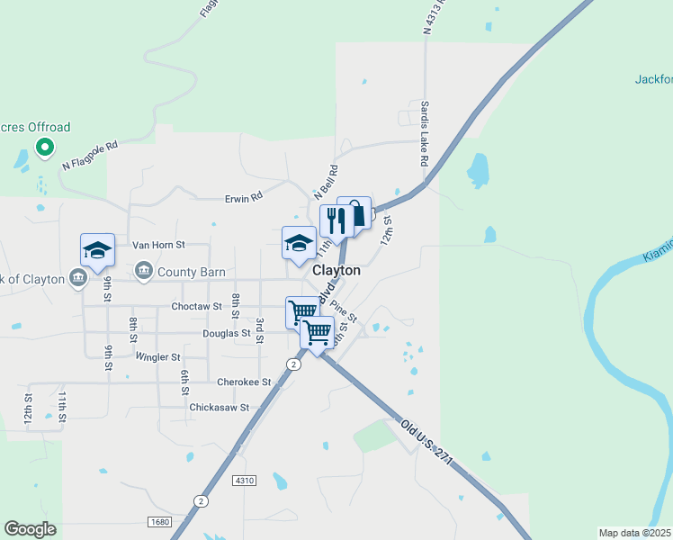 map of restaurants, bars, coffee shops, grocery stores, and more near in Clayton