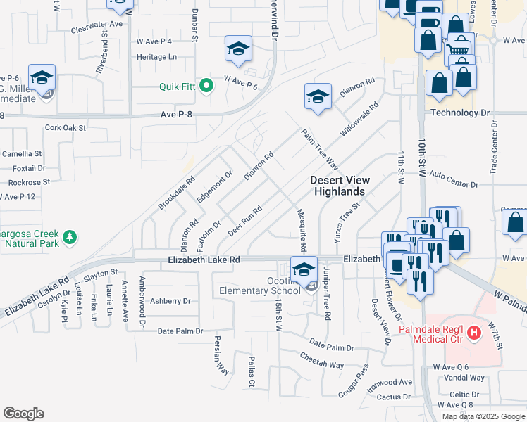 map of restaurants, bars, coffee shops, grocery stores, and more near 38952 Deer Run Road in Palmdale