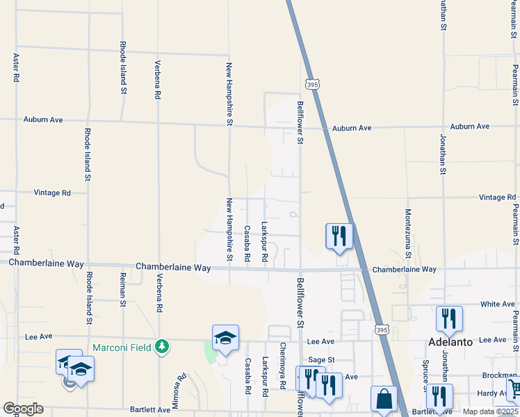 map of restaurants, bars, coffee shops, grocery stores, and more near 18616 Larkspur Road in Adelanto