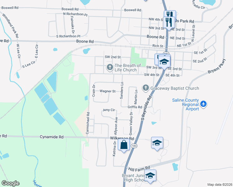 map of restaurants, bars, coffee shops, grocery stores, and more near 602 Wagner Street in Bryant