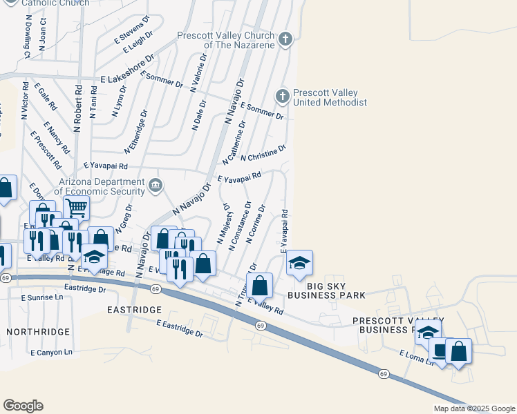 map of restaurants, bars, coffee shops, grocery stores, and more near 3241 North Constance Drive in Prescott Valley