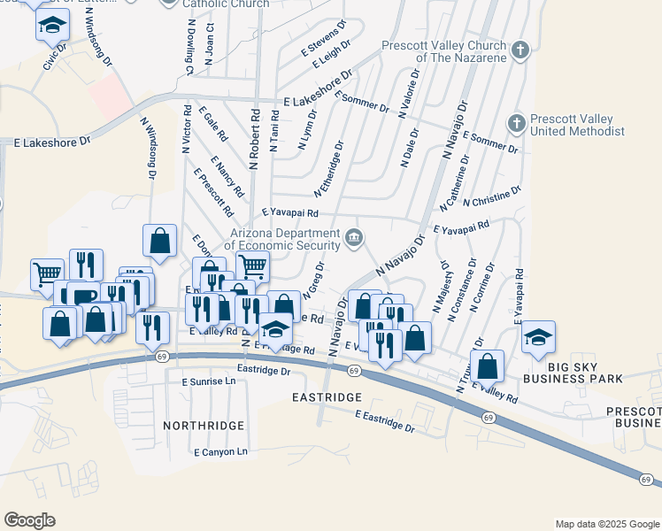 map of restaurants, bars, coffee shops, grocery stores, and more near 3248 North Greg Drive in Prescott Valley