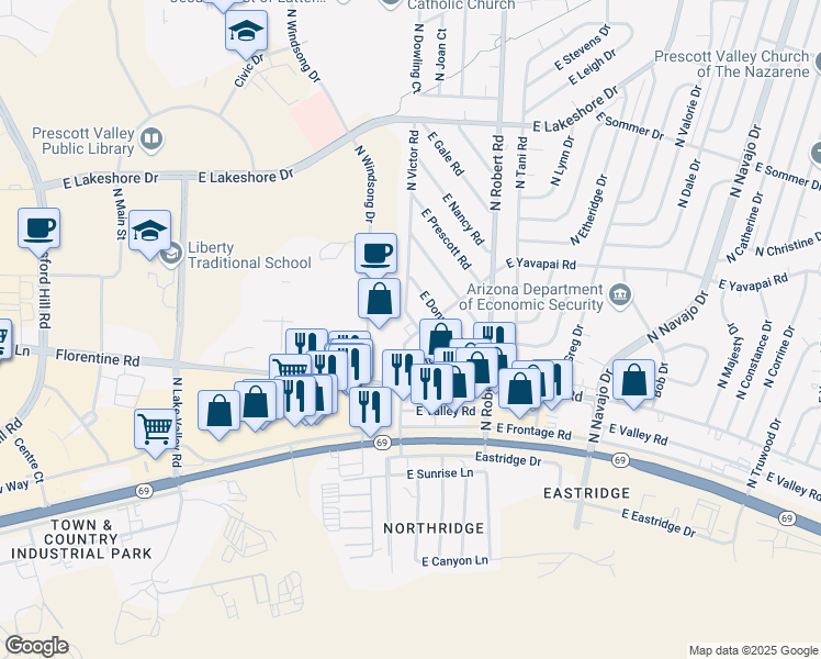 map of restaurants, bars, coffee shops, grocery stores, and more near 3211 North Victor Road in Prescott Valley
