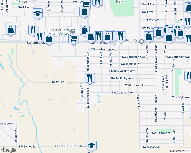 map of restaurants, bars, coffee shops, grocery stores, and more near 2113 Southwest McKinley Avenue in Lawton