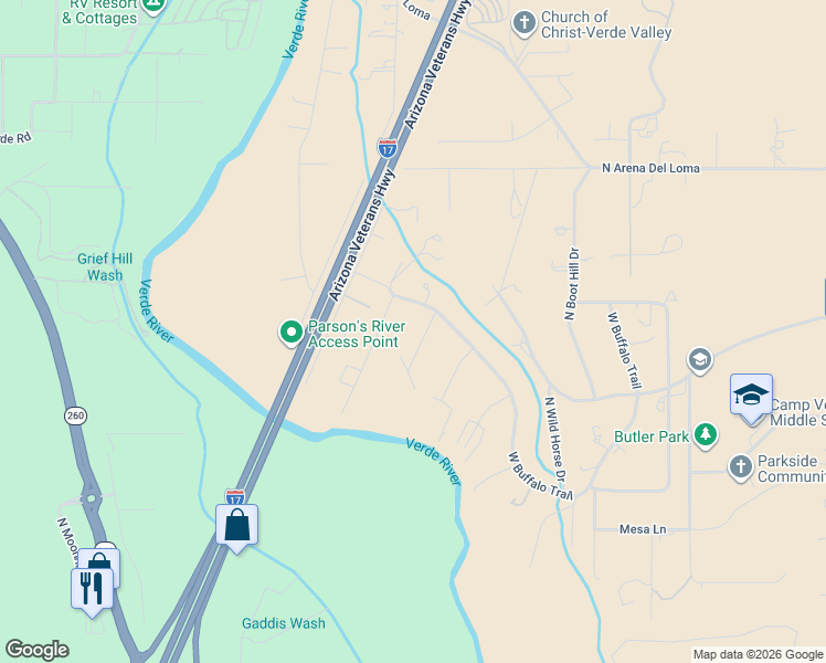 map of restaurants, bars, coffee shops, grocery stores, and more near 1225 West Buffalo Trail in Camp Verde