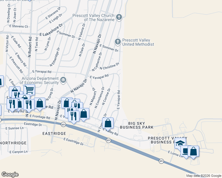 map of restaurants, bars, coffee shops, grocery stores, and more near 3247 North Corrine Drive in Prescott Valley
