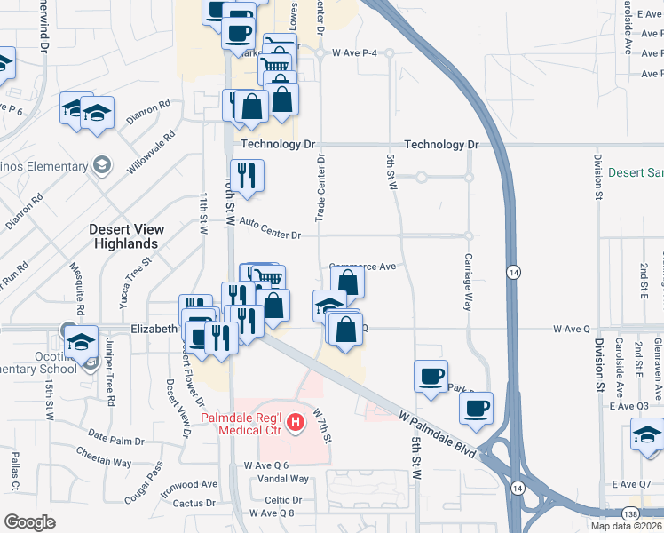 map of restaurants, bars, coffee shops, grocery stores, and more near 38940 Trade Center Dr in Palmdale