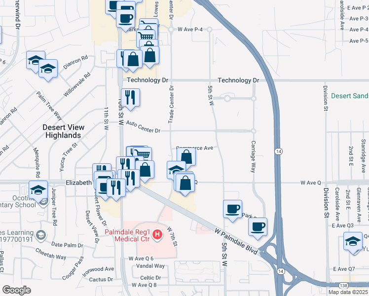 map of restaurants, bars, coffee shops, grocery stores, and more near 635 Commerce Avenue in Palmdale