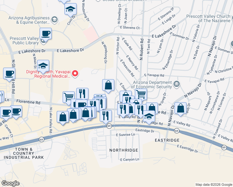 map of restaurants, bars, coffee shops, grocery stores, and more near 3211 North Victor Road in Prescott Valley