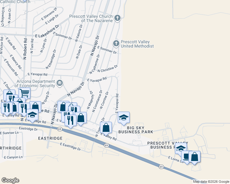 map of restaurants, bars, coffee shops, grocery stores, and more near 3218 Frances Court in Prescott Valley