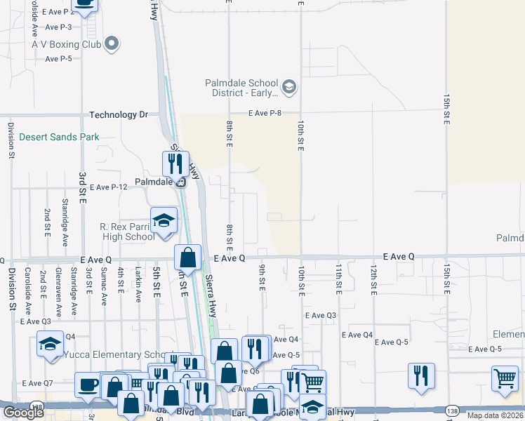 map of restaurants, bars, coffee shops, grocery stores, and more near 38920 9th Street East in Palmdale