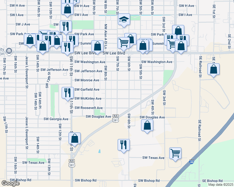 map of restaurants, bars, coffee shops, grocery stores, and more near 1605 Southwest 7th Street in Lawton