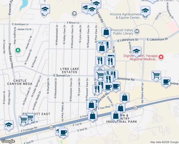 map of restaurants, bars, coffee shops, grocery stores, and more near 3249 North Pleasant View Drive in Prescott Valley