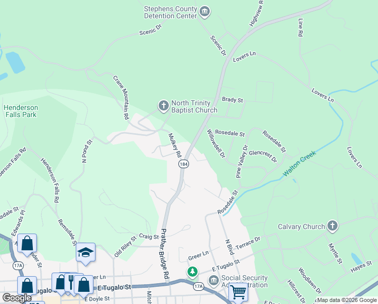 map of restaurants, bars, coffee shops, grocery stores, and more near 730 Prather Bridge Road in Toccoa