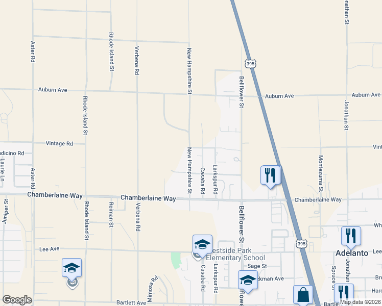 map of restaurants, bars, coffee shops, grocery stores, and more near 11155 Vintage Road in Adelanto