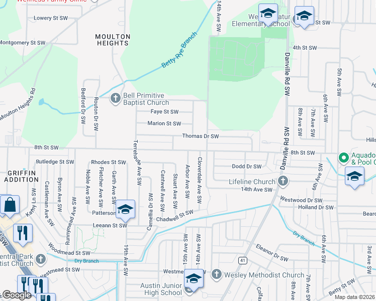 map of restaurants, bars, coffee shops, grocery stores, and more near 8th Street Southwest in Decatur